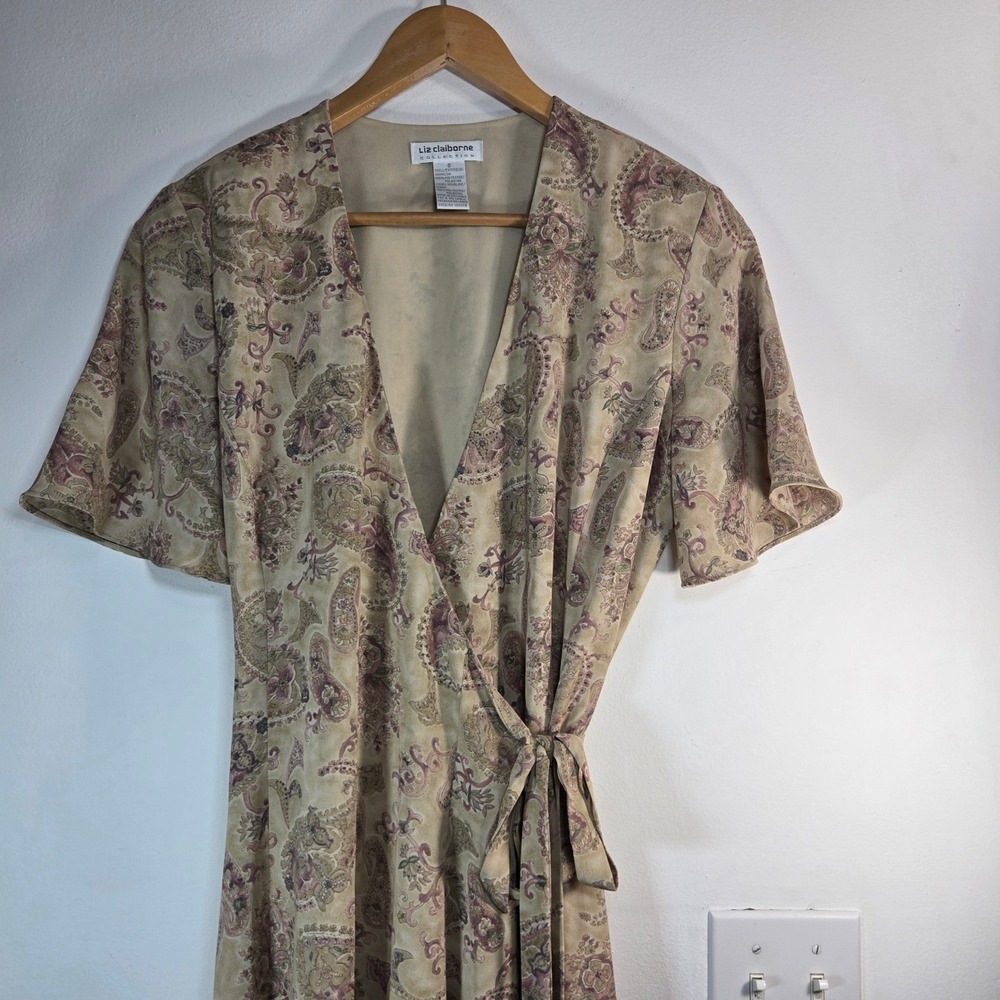 Vintage Liz Claiborne Paisley Wrap Midi Dress Size 8 Boho Cottagecore 90s - Picture 2 of 10
